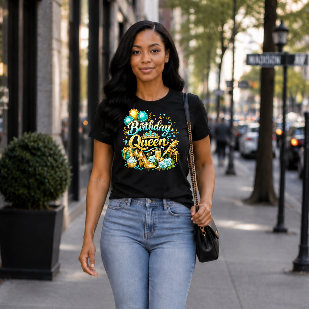 Birthday Queen T-Shirt — Gold Crown & Balloons Party Tee